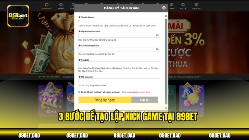3 bước để tạo lập nick game tại 89BET