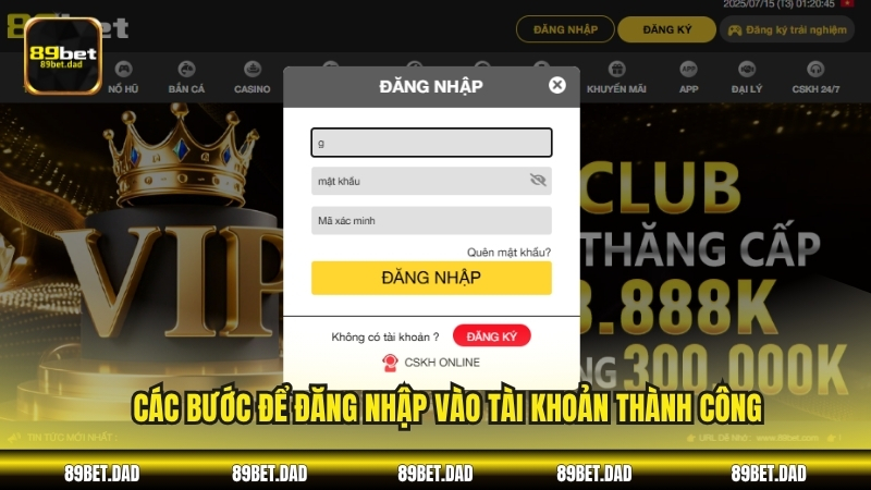 Các bước để đăng nhập vào tài khoản thành công