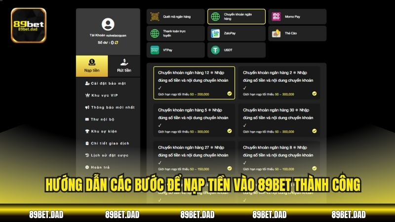 Hướng dẫn các bước để nạp tiền vào 89BET thành công